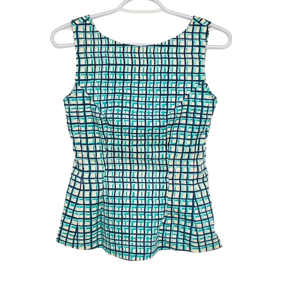 Kate Spade NY Tatiana Blue Green Peplum Check Top Shirt Blouse S cotton preppy